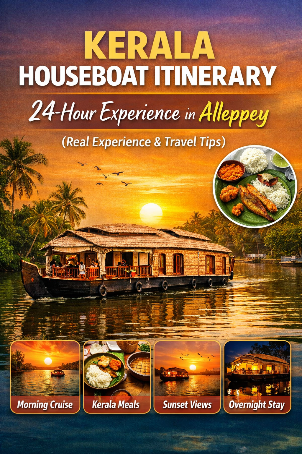 Kerala houseboat cruising through Alleppey backwaters during a golden sunset with palm trees, birds in the sky, and traditional Kerala meals displayed on the side.