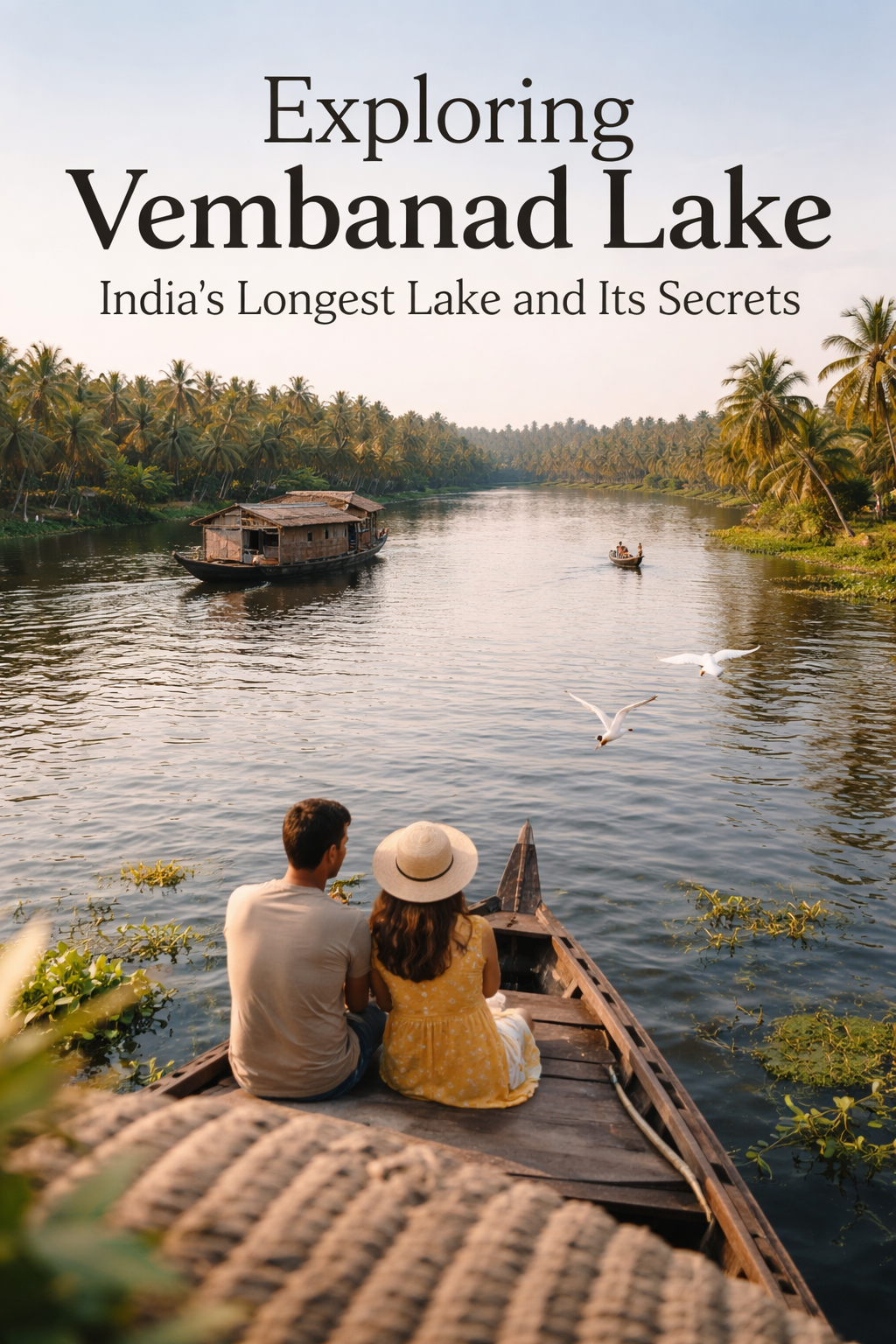 Couple sitting on a wooden boat exploring the serene backwaters of , surrounded by palm trees, houseboats, and flying birds at sunset.