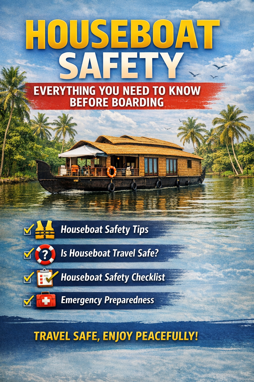 Houseboat Safety poster showing a Kerala-style houseboat on calm backwaters with safety tips, checklist, and emergency preparedness guidance before boarding.