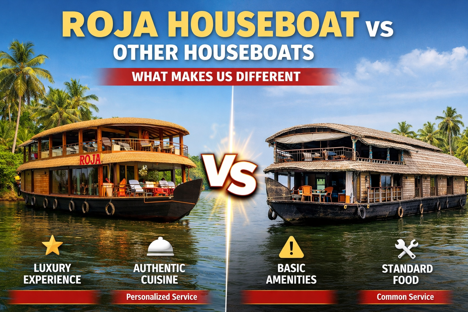 Comparison image showing Roja Houseboat luxury experience versus other standard houseboats in Kerala backwaters with features like personalized service, authentic cuisine, and basic amenities.