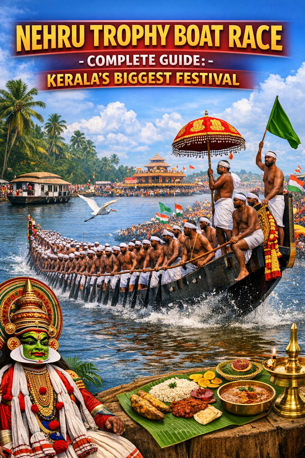 Vibrant promotional poster for Nehru Trophy Boat Race on Punnamada Lake, Alappuzha, Kerala, depicting rowers in a chundan vallam snake boat, Kathakali dancer, Onam feast, and festive crowds.