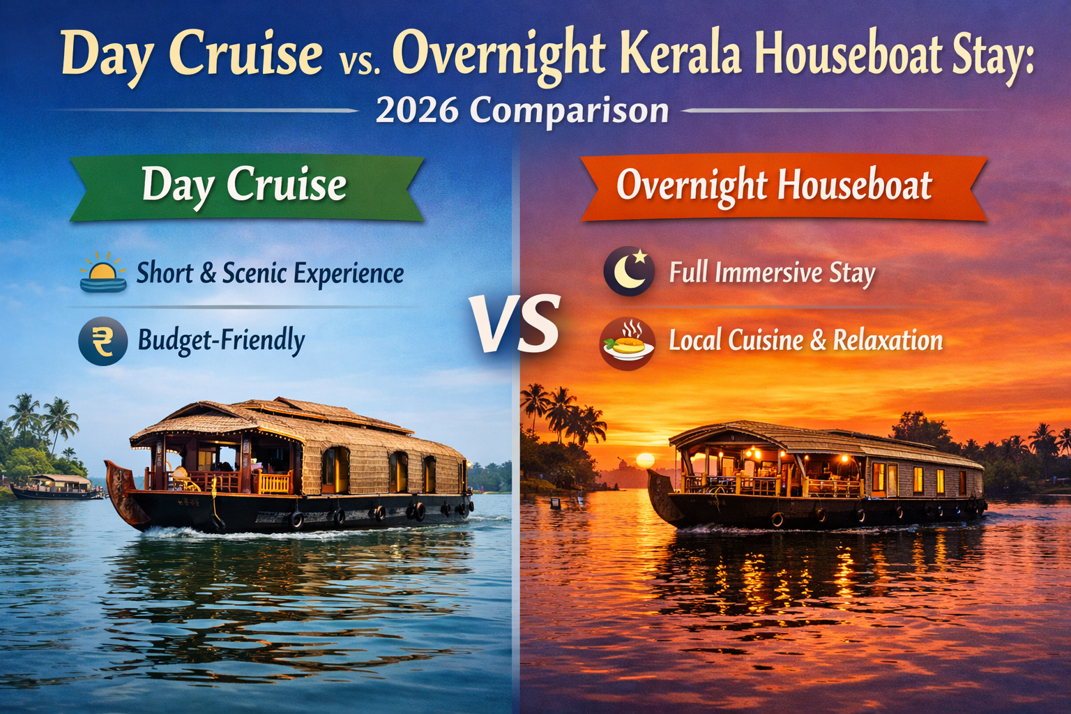 Day Cruise vs. Overnight Kerala Houseboat Stay 2026 comparison showing daytime cruise and sunset overnight houseboat experience in Alleppey backwaters.