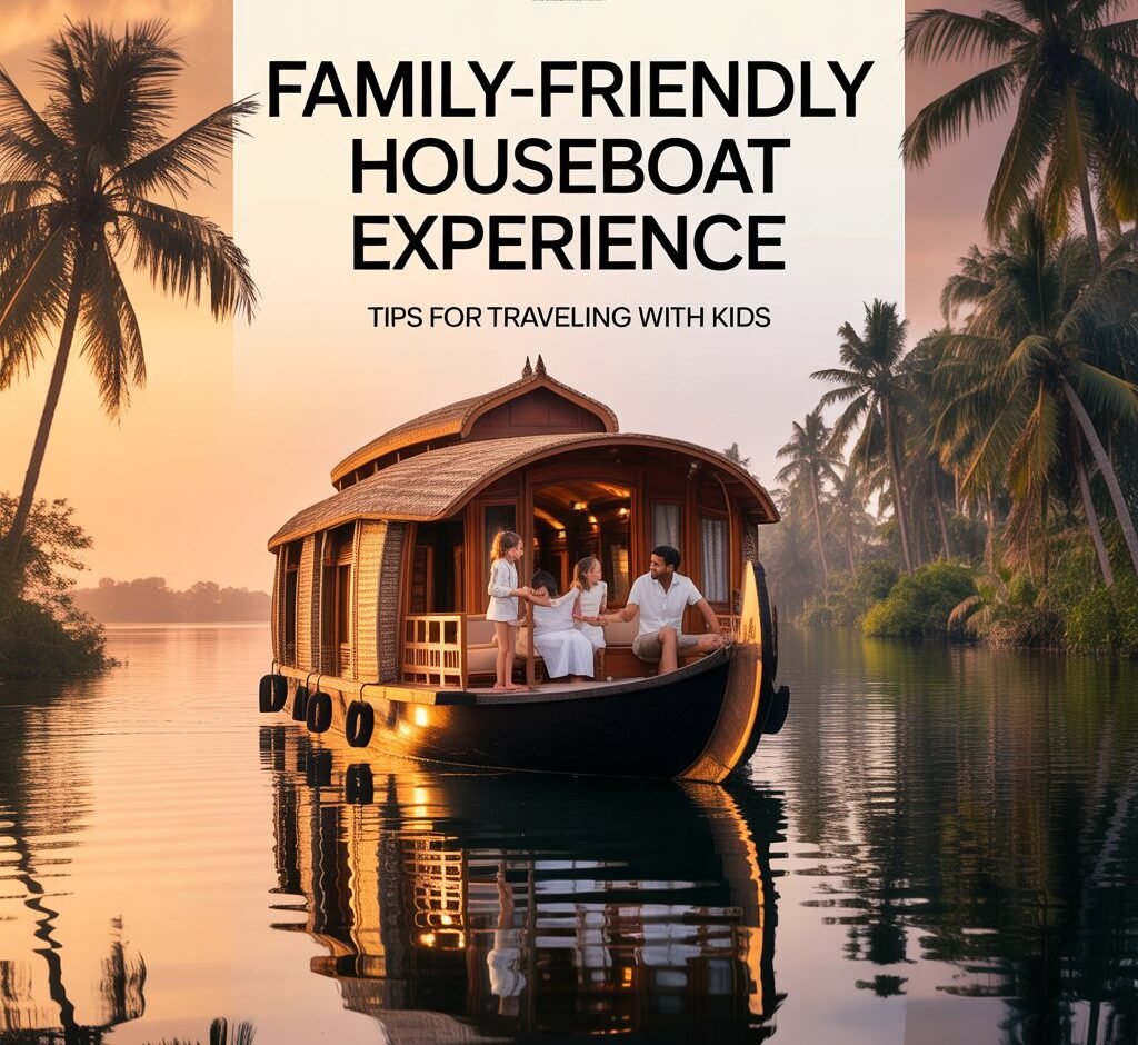 Family enjoying a luxury Kerala houseboat experience on calm backwaters at sunset with palm trees surrounding.