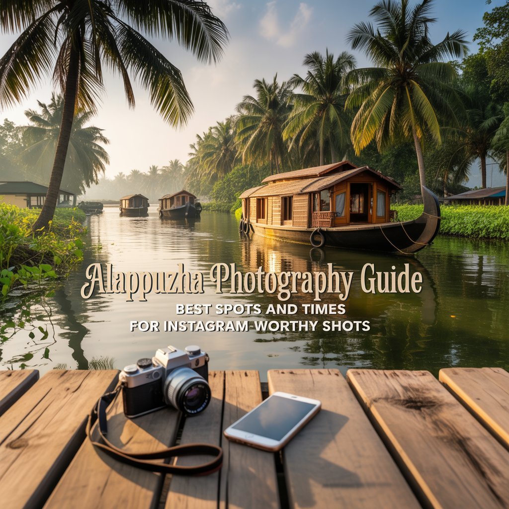 Beautiful houseboats floating on the backwaters with coconut trees during golden hour in Alappuzha, featured in a photography guide scene with camera and smartphone in the foreground.