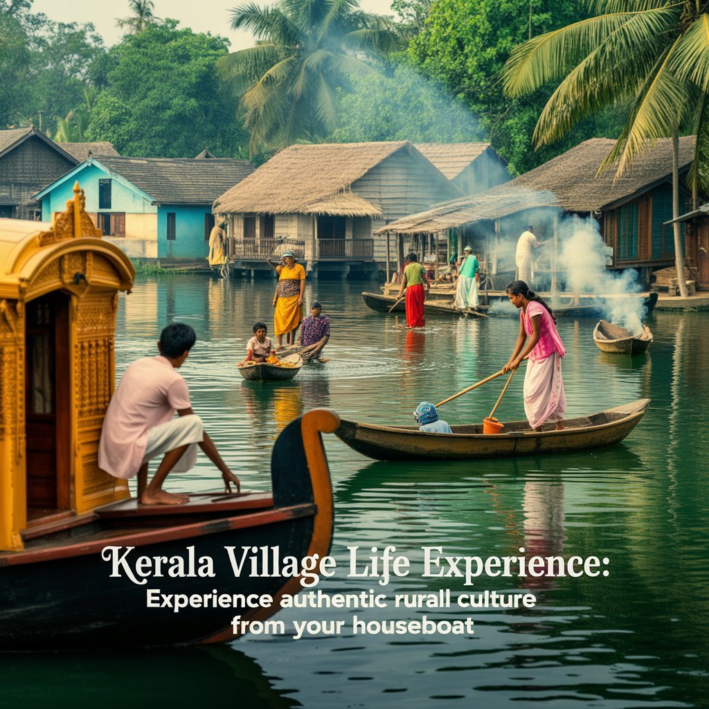 Traditional Kerala houseboat gliding through lush backwaters at sunset, with villagers engaged in authentic rural activities like cooking, farming, and dancing, showcasing vibrant village life and culture.