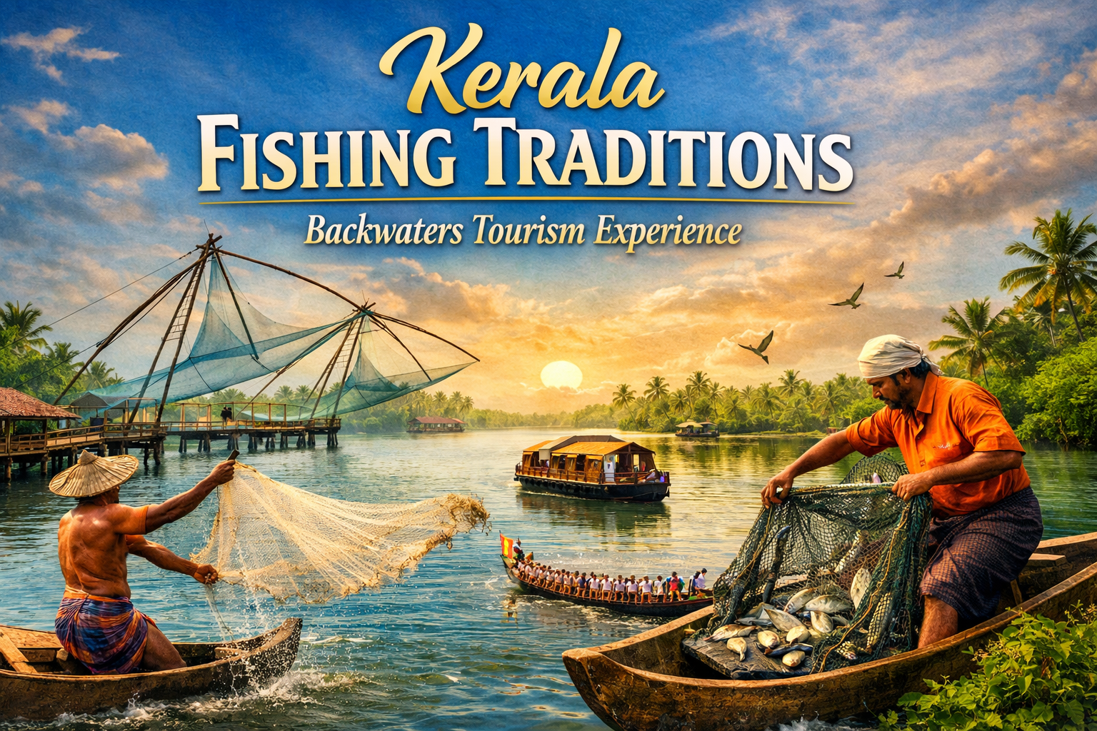"Kerala fishing traditions along the backwaters showing fishermen using Chinese nets and traditional boats, with lush greenery and houseboats in the background."