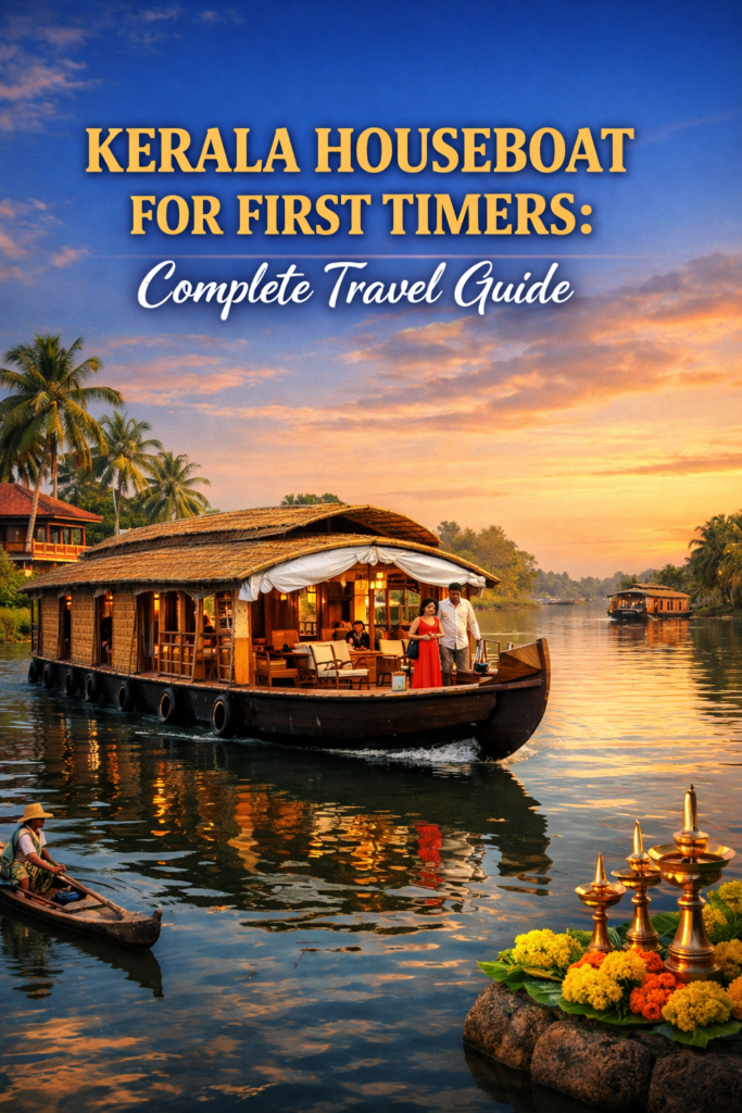 Kerala houseboat for first timers cruising through the scenic Alleppey backwaters surrounded by coconut trees