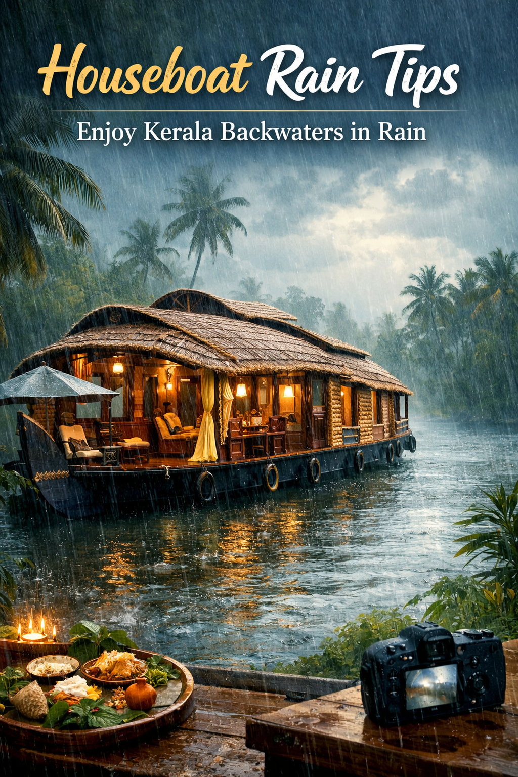 Houseboat rain tips Kerala backwaters houseboat in rain scenic monsoon view