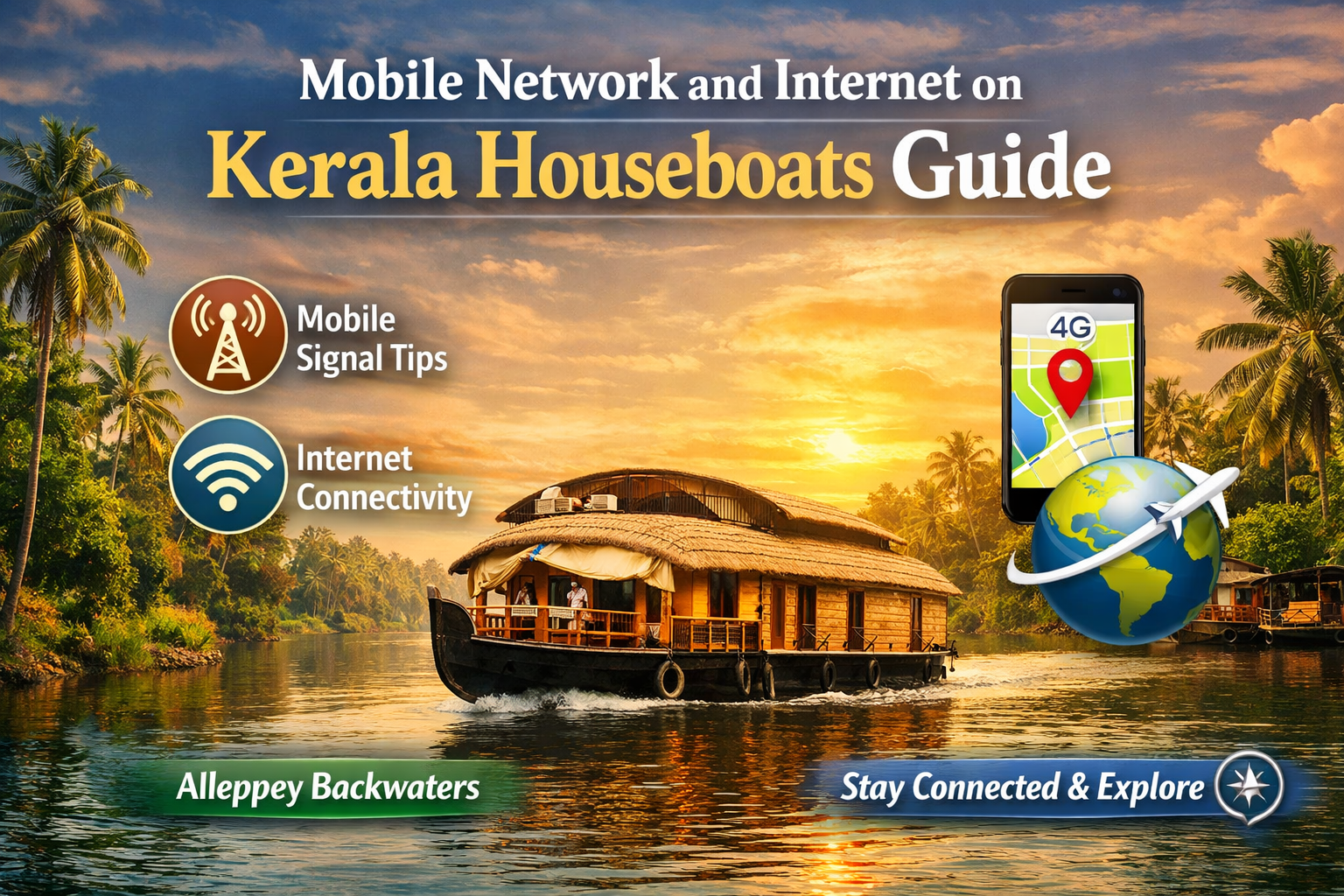 Mobile Network and Internet on Kerala Houseboats guide showing houseboat in Alleppey backwaters with connectivity icons