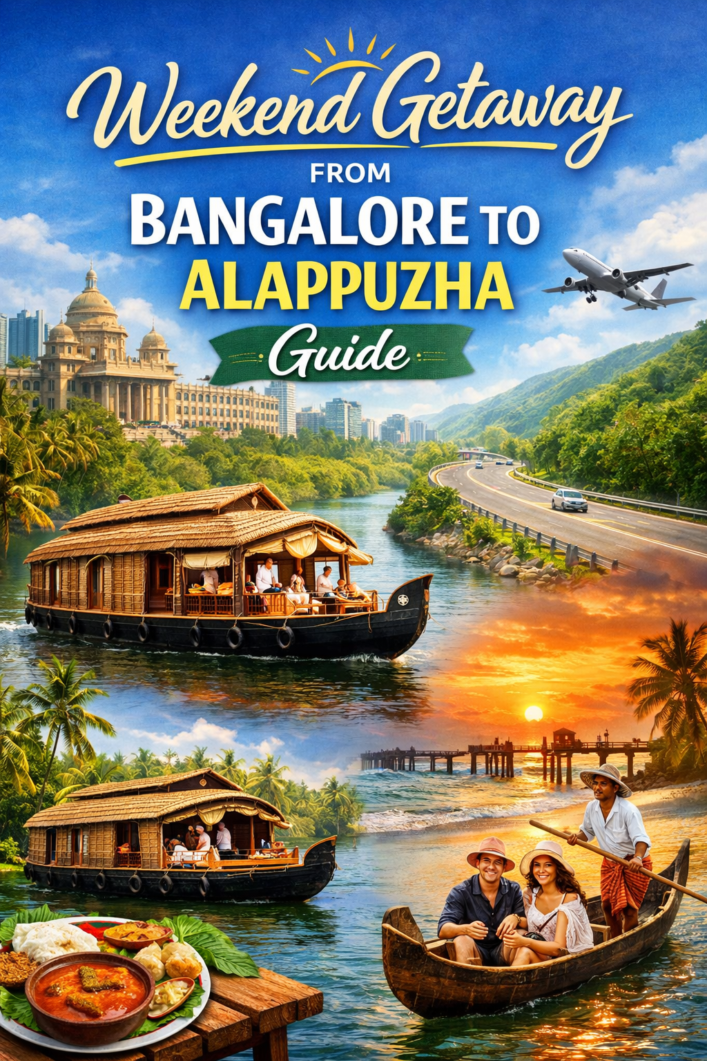 Weekend getaway from Bangalore to Alappuzha featuring Kerala houseboats, scenic highway, sunset beach, backwaters, and traditional village experience.