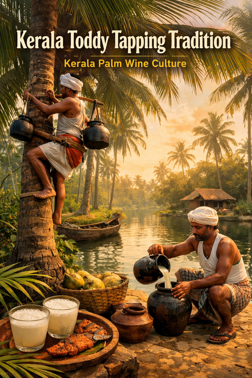 Kerala Toddy Tapping Tradition showing a toddy tapper climbing a coconut tree and collecting fresh palm wine near Kerala backwaters.