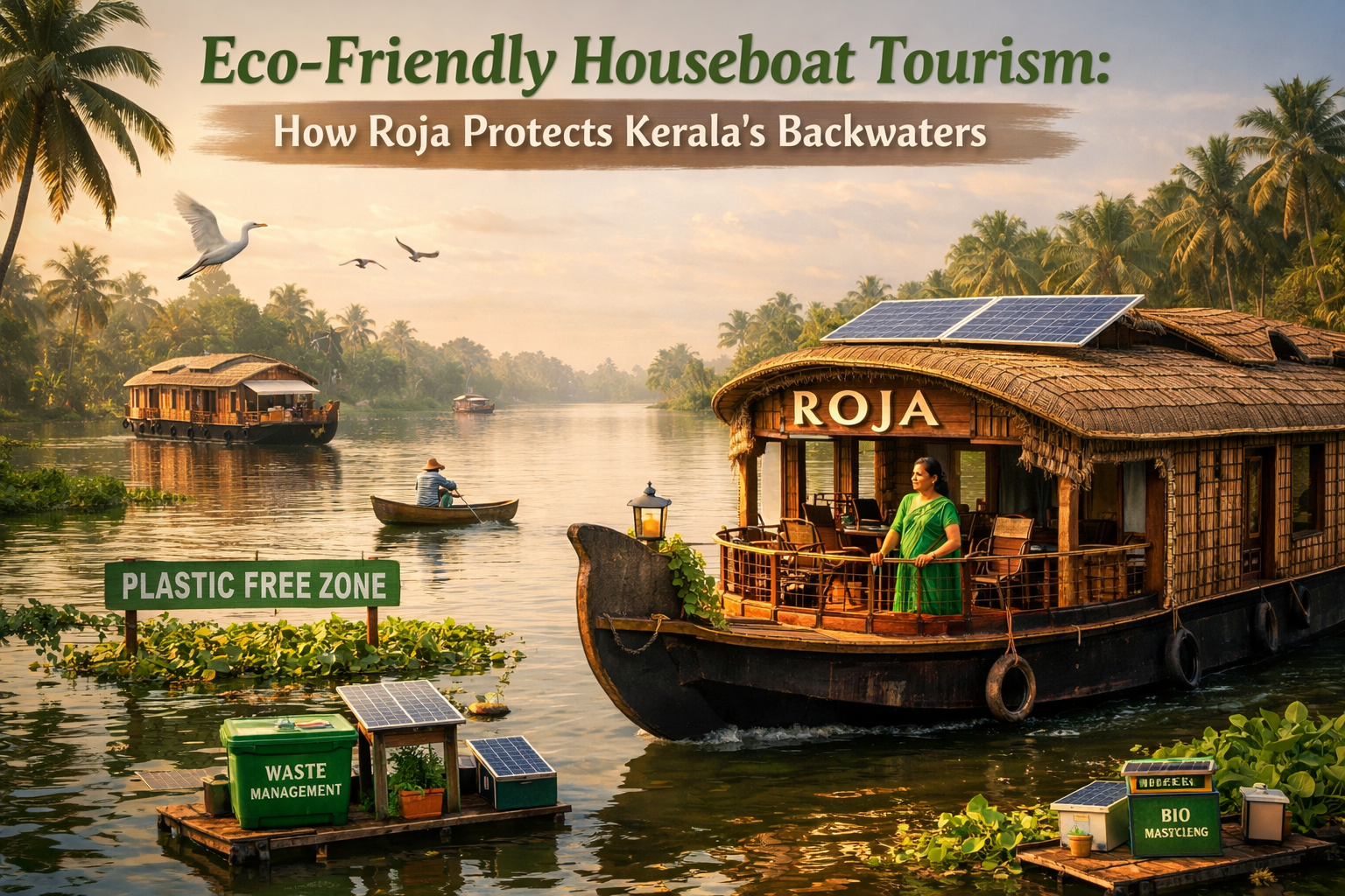 Eco-friendly houseboat tourism in Kerala backwaters with Roja houseboats using sustainable practices