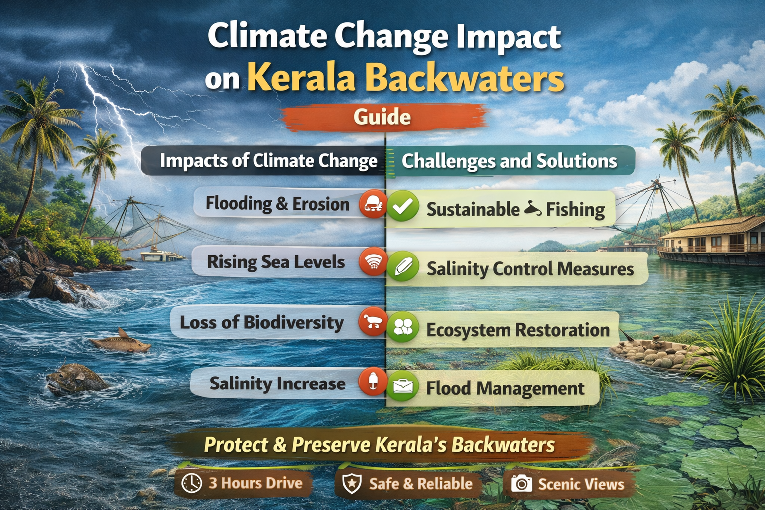Climate change impact on Kerala backwaters showing rising water levels, erosion, and environmental changes