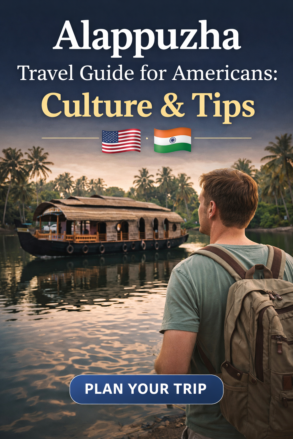 American tourists enjoying a houseboat experience in Alappuzha backwaters Kerala with scenic canals and palm trees