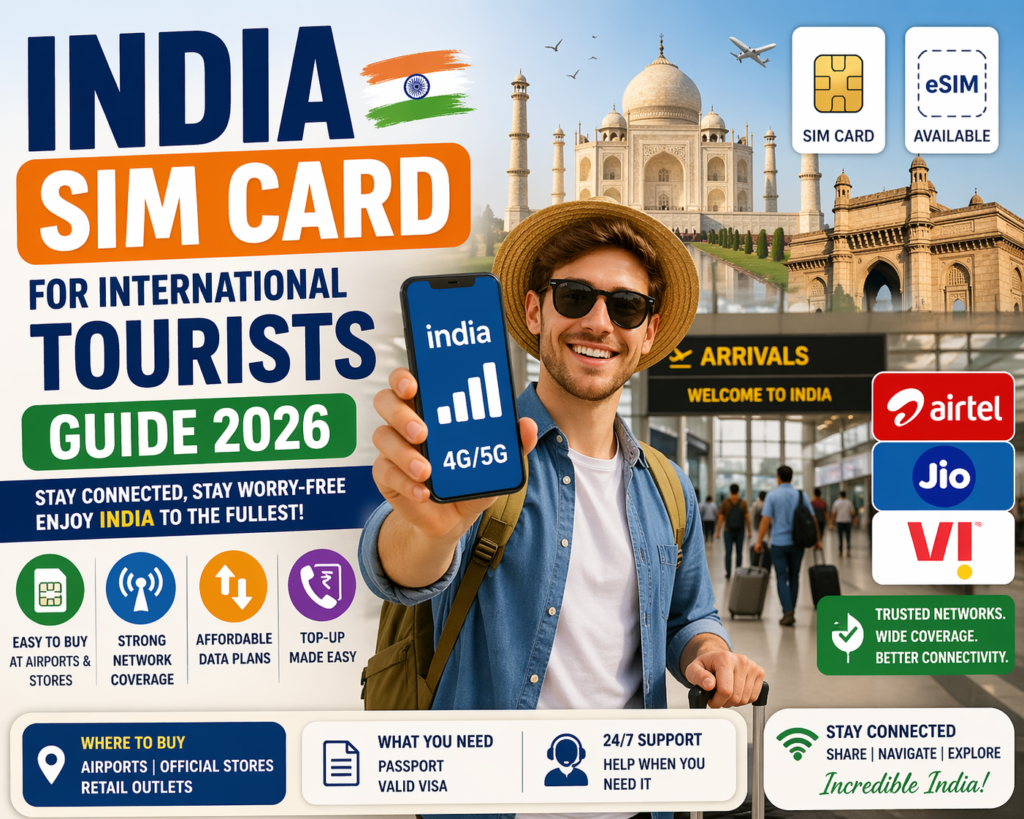 International tourist using India SIM card at airport with mobile network signal and travel landmarks