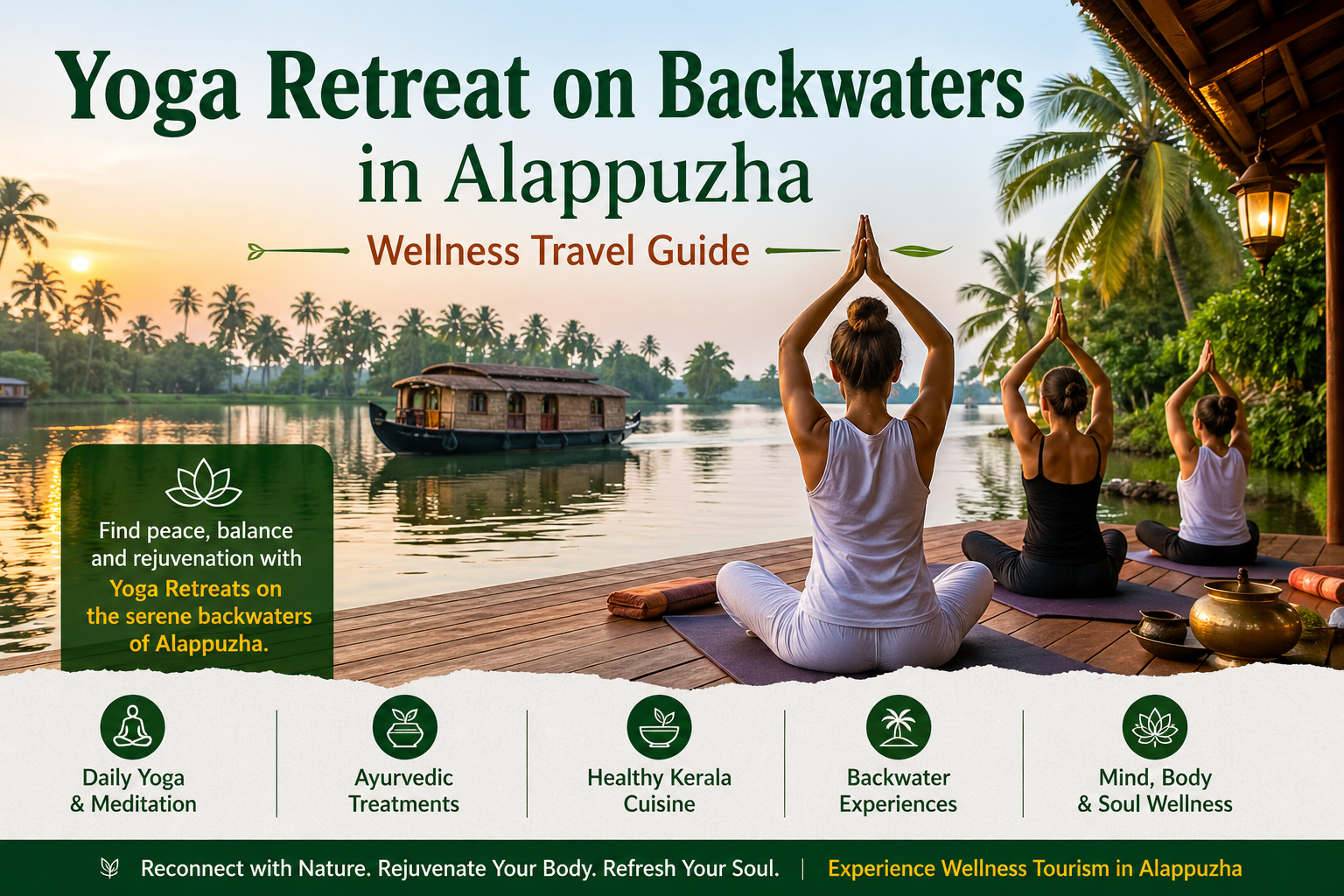 Yoga Retreat on Backwaters in Alappuzha with serene houseboat yoga session