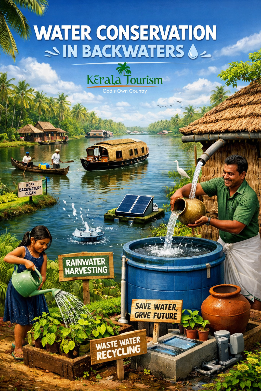 Man collecting water in a tank and a girl watering plants near a backwater houseboat with signs promoting rainwater harvesting and water recycling.
