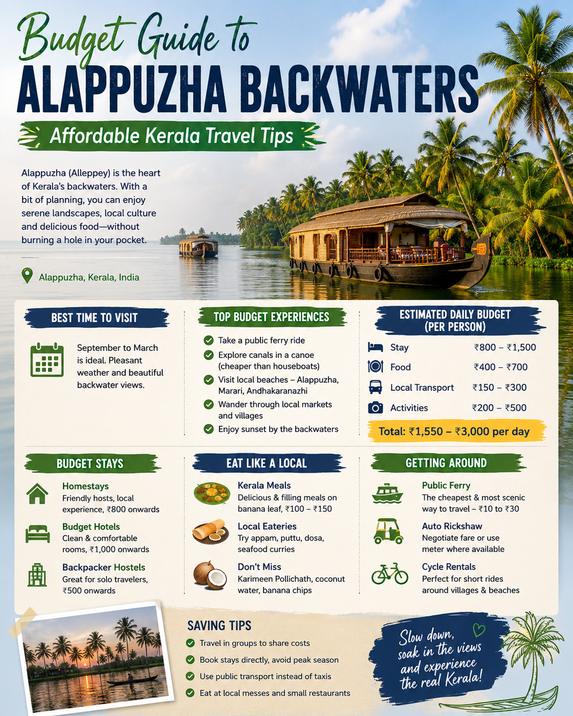 Traditional houseboat sailing through the peaceful Alappuzha backwaters in Kerala, surrounded by coconut trees and calm waters, showcasing affordable Kerala travel and budget-friendly backwater tourism.
