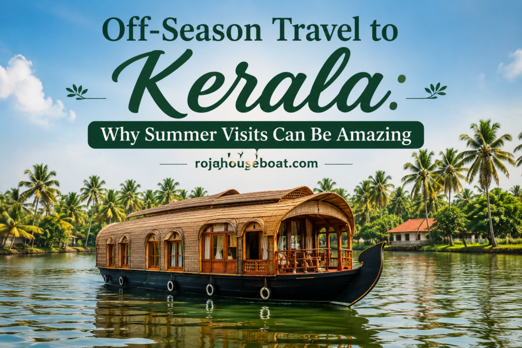 Off-season travel to Kerala during summer featuring serene backwaters and a premium houseboat experience by roja houseboat