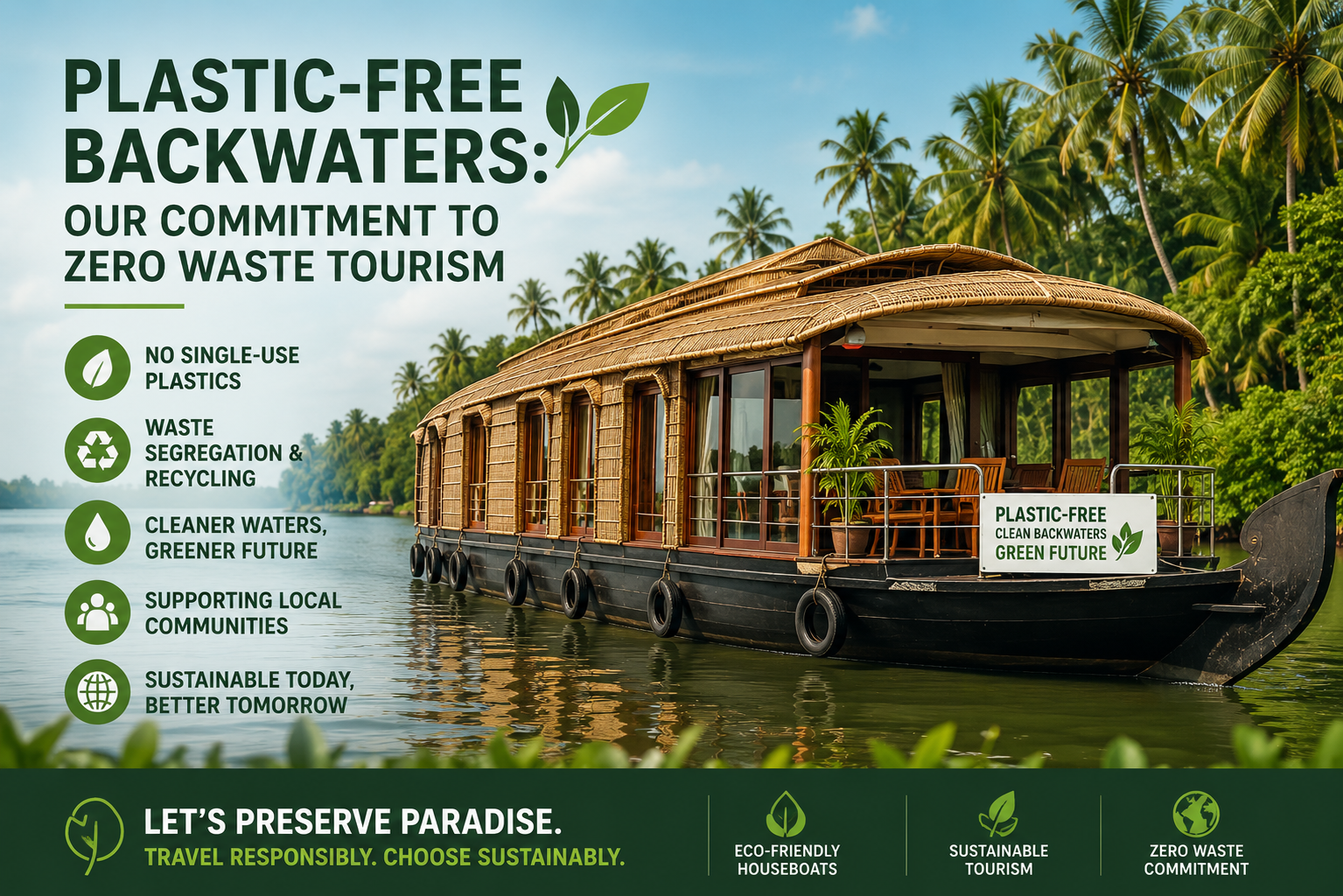 Eco-friendly houseboat cruising through the plastic-free Kerala backwaters surrounded by lush greenery and calm waters.