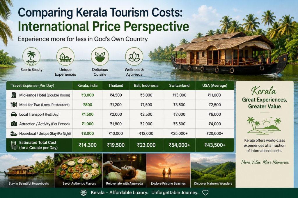Comparing Kerala tourism costs with international destinations featuring Kerala houseboats, backwaters, Ayurveda wellness, scenic landscapes, and a travel expense comparison chart between Kerala, Thailand, Bali, Switzerland, and the USA.