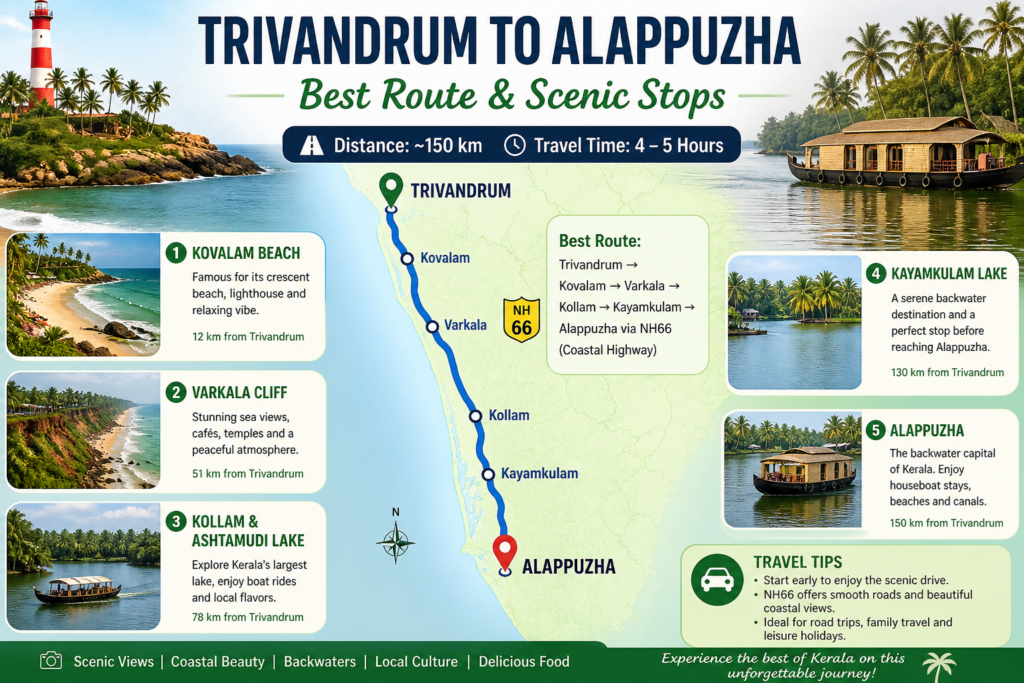 Trivandrum to Alappuzha best route scenic coastal road with backwaters and palm trees Kerala