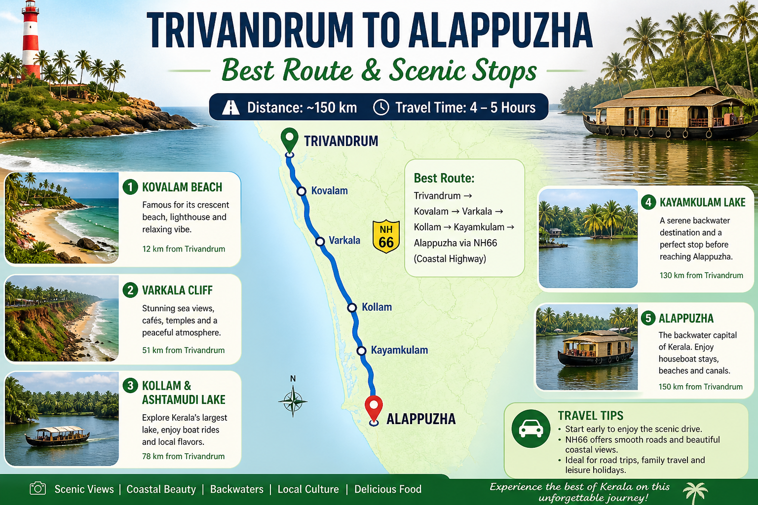 Trivandrum to Alappuzha best route scenic coastal road with backwaters and palm trees Kerala