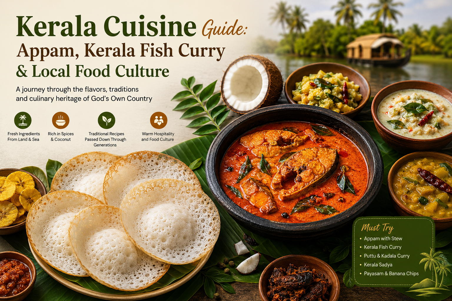 Traditional Kerala Cuisine spread featuring Appam, Kerala Fish Curry, seafood dishes, banana leaf meals, and authentic South Indian food culture.