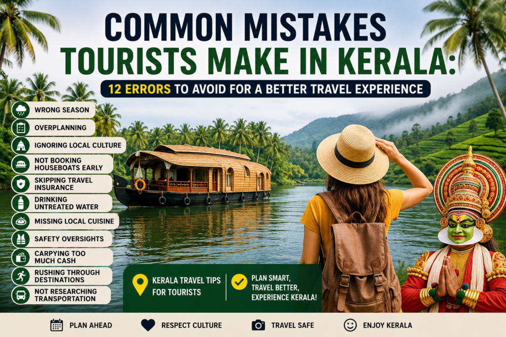 Common Mistakes Tourists Make in Kerala showing travelers exploring backwaters, beaches, and hill stations while avoiding common travel errors