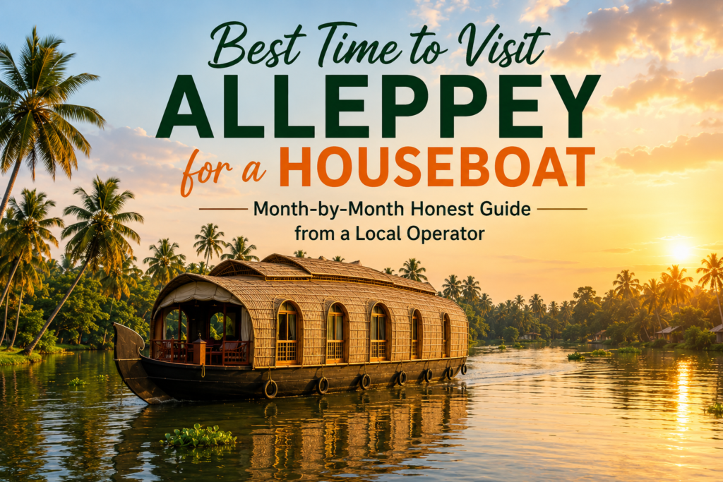Traditional Alleppey houseboat cruising through Kerala backwaters during a beautiful sunset surrounded by coconut palms.