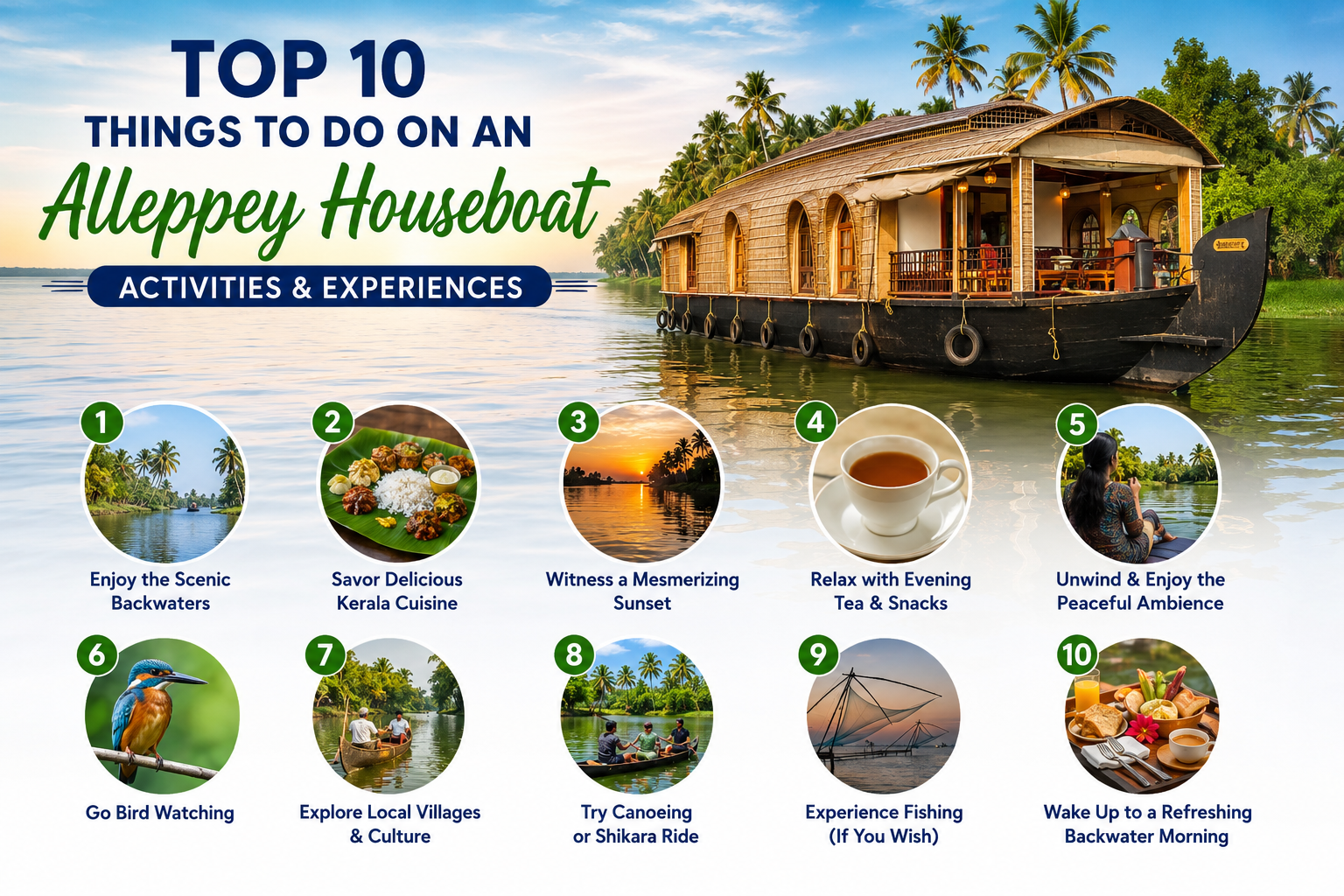 Luxury Alleppey houseboat cruising through Kerala backwaters with scenic views, local cuisine, fishing, bird watching, village tours, sunset photography, and relaxing onboard experiences.