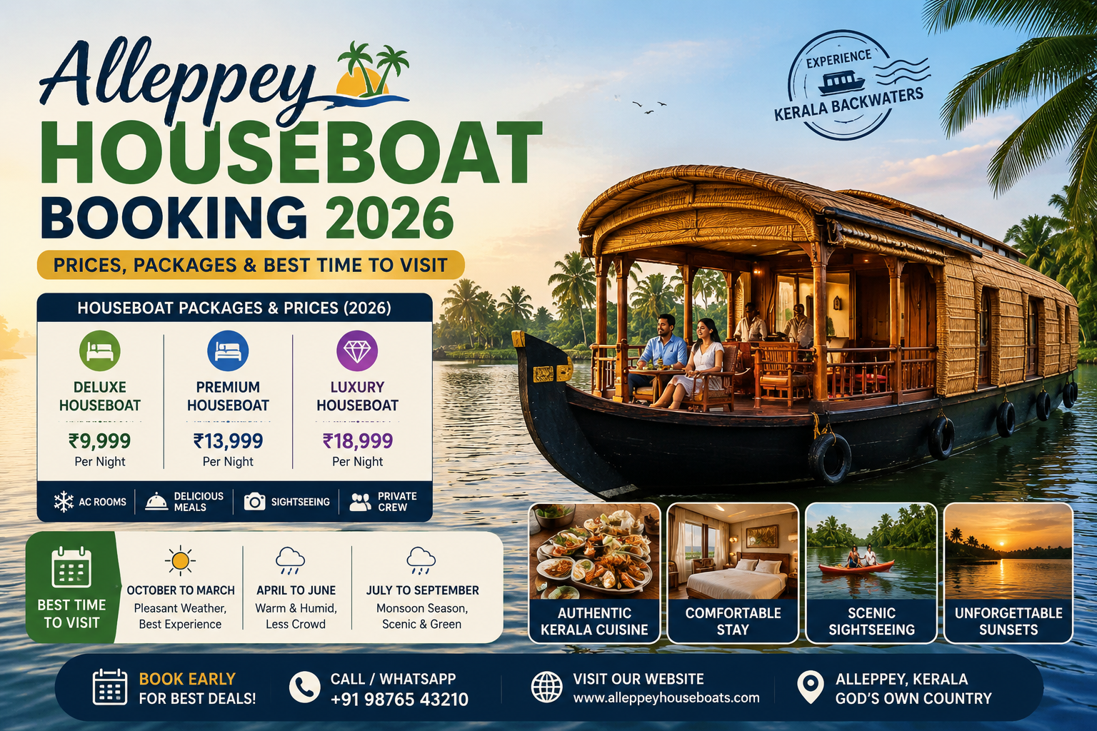 Traditional Kerala houseboat cruising through the serene Alleppey backwaters surrounded by coconut trees and calm waters, showcasing a relaxing luxury travel experience in Kerala