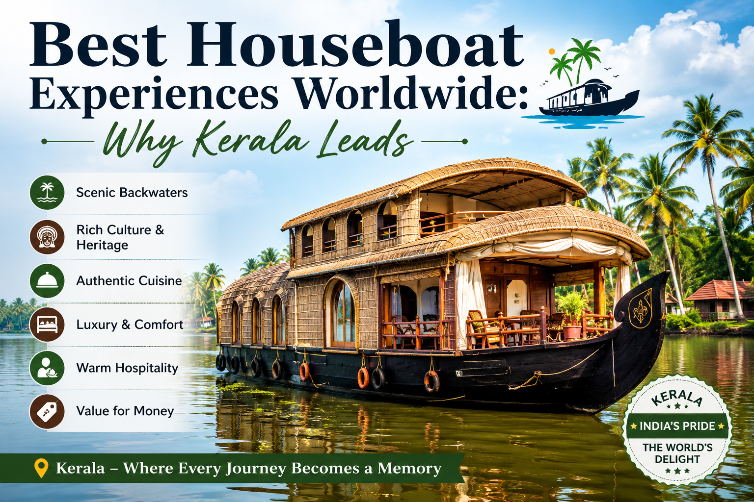 Luxury Kerala houseboat cruising through scenic backwaters surrounded by coconut palms, highlighting why Kerala offers the best houseboat experiences worldwide.