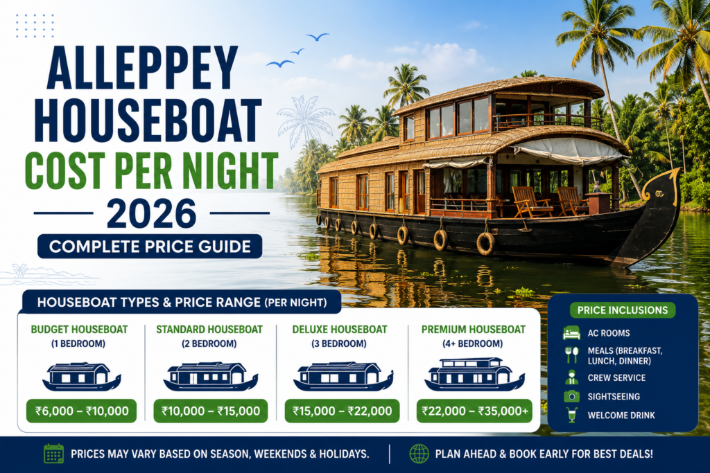 Luxury Alleppey houseboat cruising through the serene Kerala backwaters surrounded by coconut trees, showcasing the beauty of an overnight houseboat stay in Alleppey
