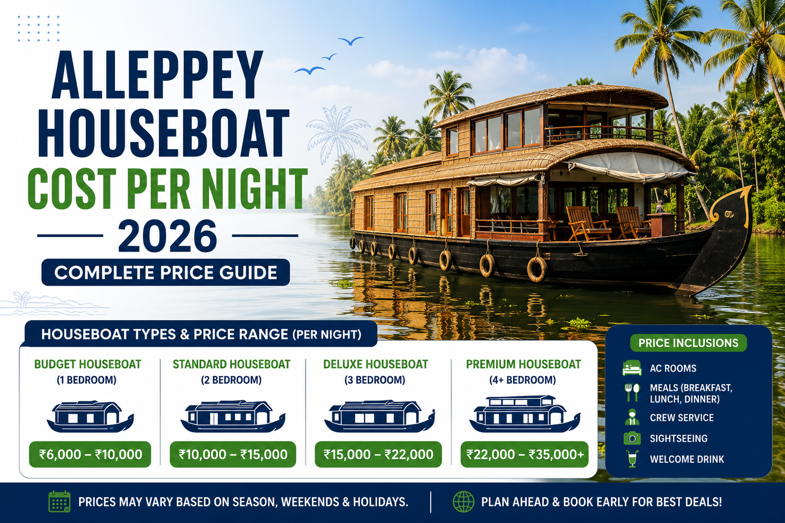 Luxury Alleppey houseboat cruising through the serene Kerala backwaters surrounded by coconut trees, showcasing the beauty of an overnight houseboat stay in Alleppey