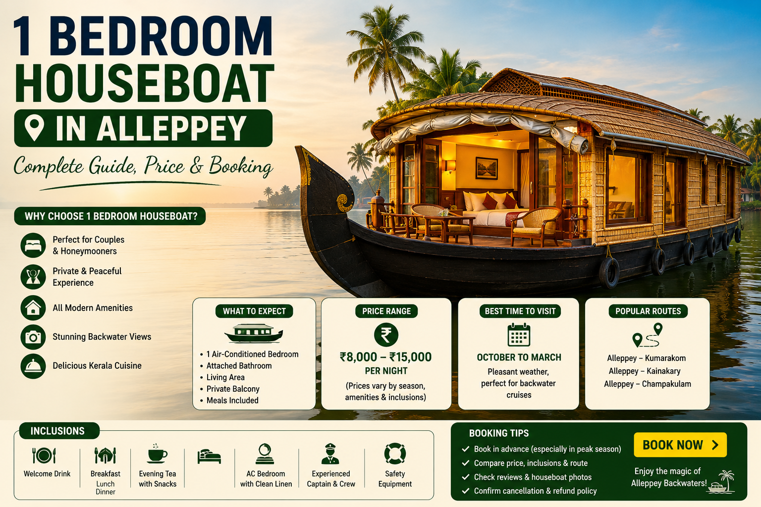 Luxury 1 bedroom houseboat cruising through the serene Alleppey backwaters during sunset, featuring a spacious private bedroom, elegant wooden interiors, and lush coconut palm scenery in Kerala.