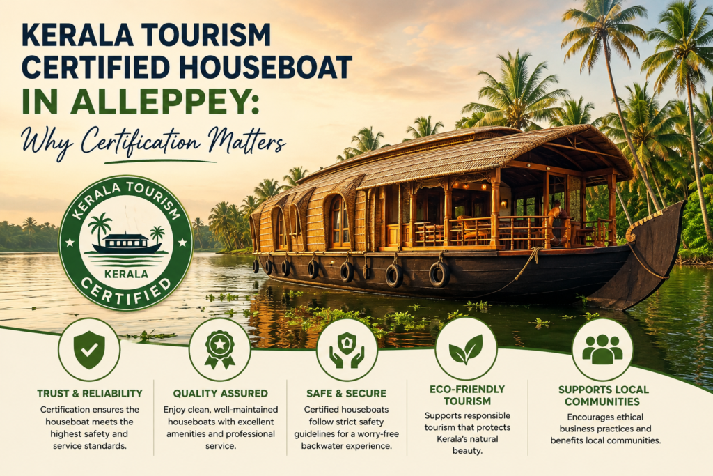 Traditional Kerala Tourism certified houseboat cruising through the scenic Alleppey backwaters, surrounded by lush coconut palms, highlighting safe, authentic, and quality-certified backwater tourism.