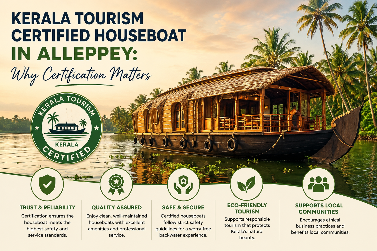 Traditional Kerala Tourism certified houseboat cruising through the scenic Alleppey backwaters, surrounded by lush coconut palms, highlighting safe, authentic, and quality-certified backwater tourism.