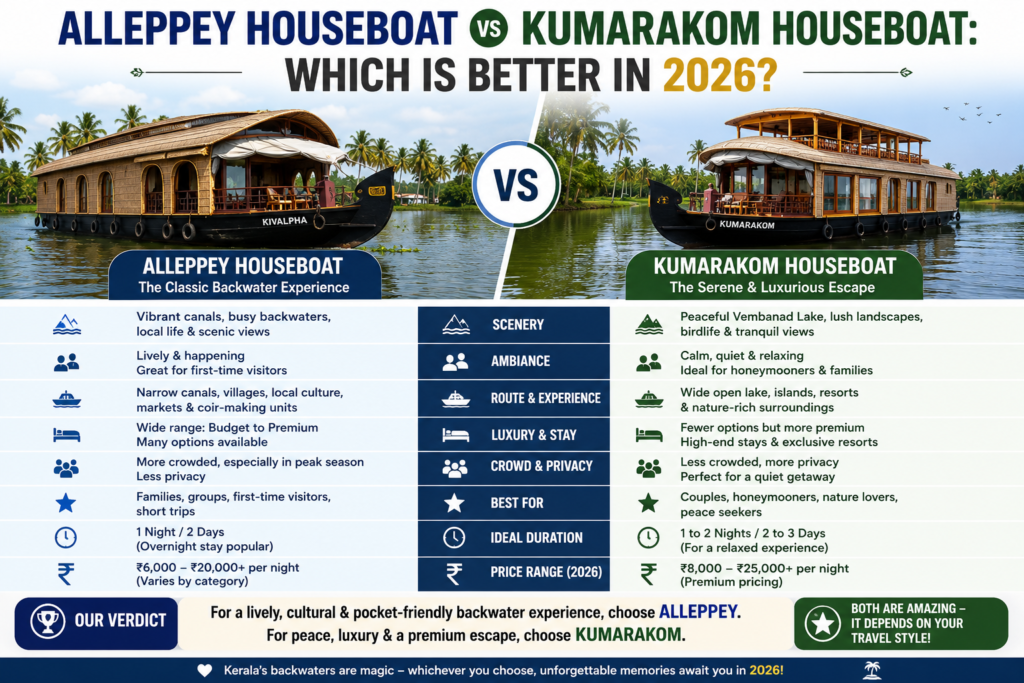Comparison image showing traditional Kerala houseboats in Alleppey and Kumarakom backwaters, highlighting the differences between Alleppey’s vibrant canal experience and Kumarakom’s peaceful lake scenery for travelers in 2026.