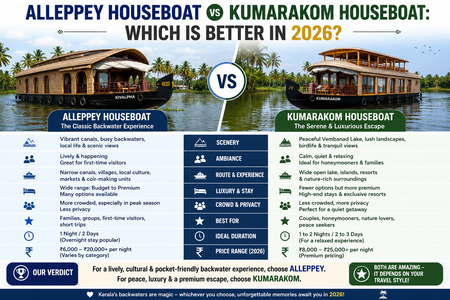 Comparison image showing traditional Kerala houseboats in Alleppey and Kumarakom backwaters, highlighting the differences between Alleppey’s vibrant canal experience and Kumarakom’s peaceful lake scenery for travelers in 2026.
