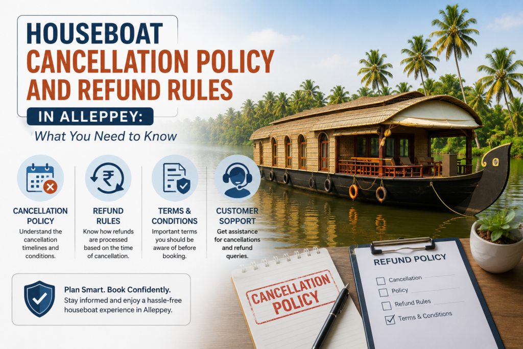 Traditional Kerala houseboat cruising through the Alleppey backwaters, representing houseboat cancellation policy and refund guidelines.