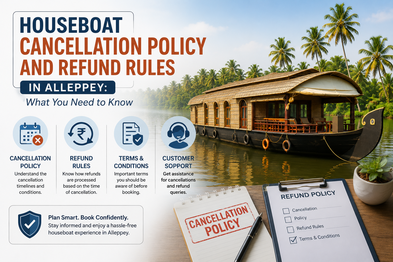 Traditional Kerala houseboat cruising through the Alleppey backwaters, representing houseboat cancellation policy and refund guidelines.