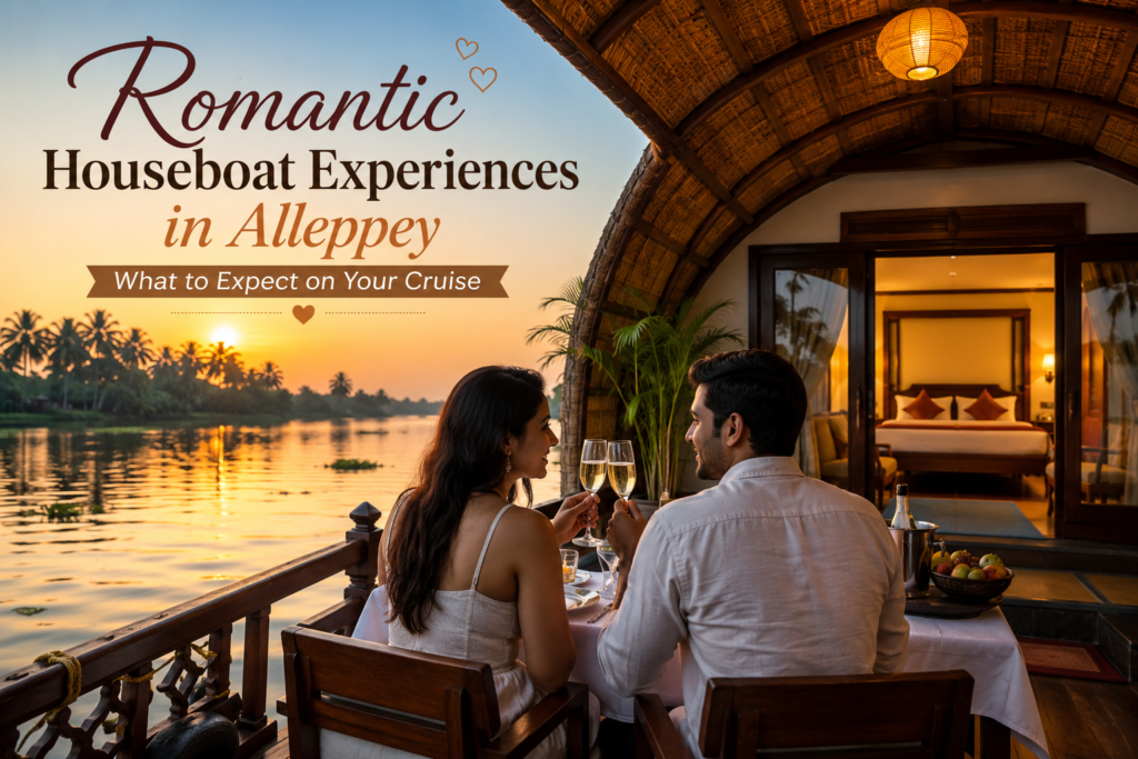 Romantic couple enjoying a luxury houseboat cruise in Alleppey during sunset, with candlelight dining, serene backwaters, and a beautifully designed private houseboat creating a perfect honeymoon experience in Kerala.
