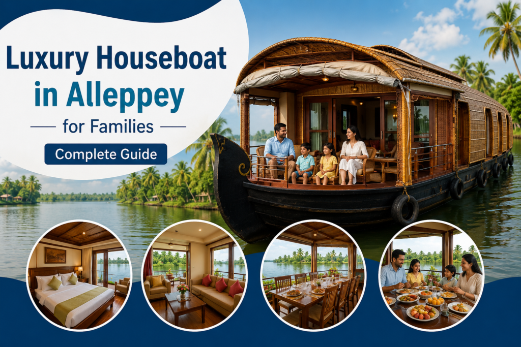 Luxury family houseboat cruising through the scenic backwaters of Alleppey with premium interiors and a relaxing holiday atmosphere.