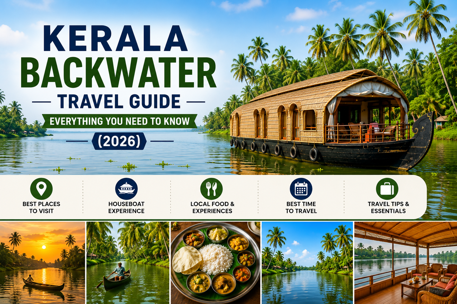 Traditional Kerala houseboat sailing through the scenic backwaters surrounded by lush coconut palms for a complete 2026 travel guide.