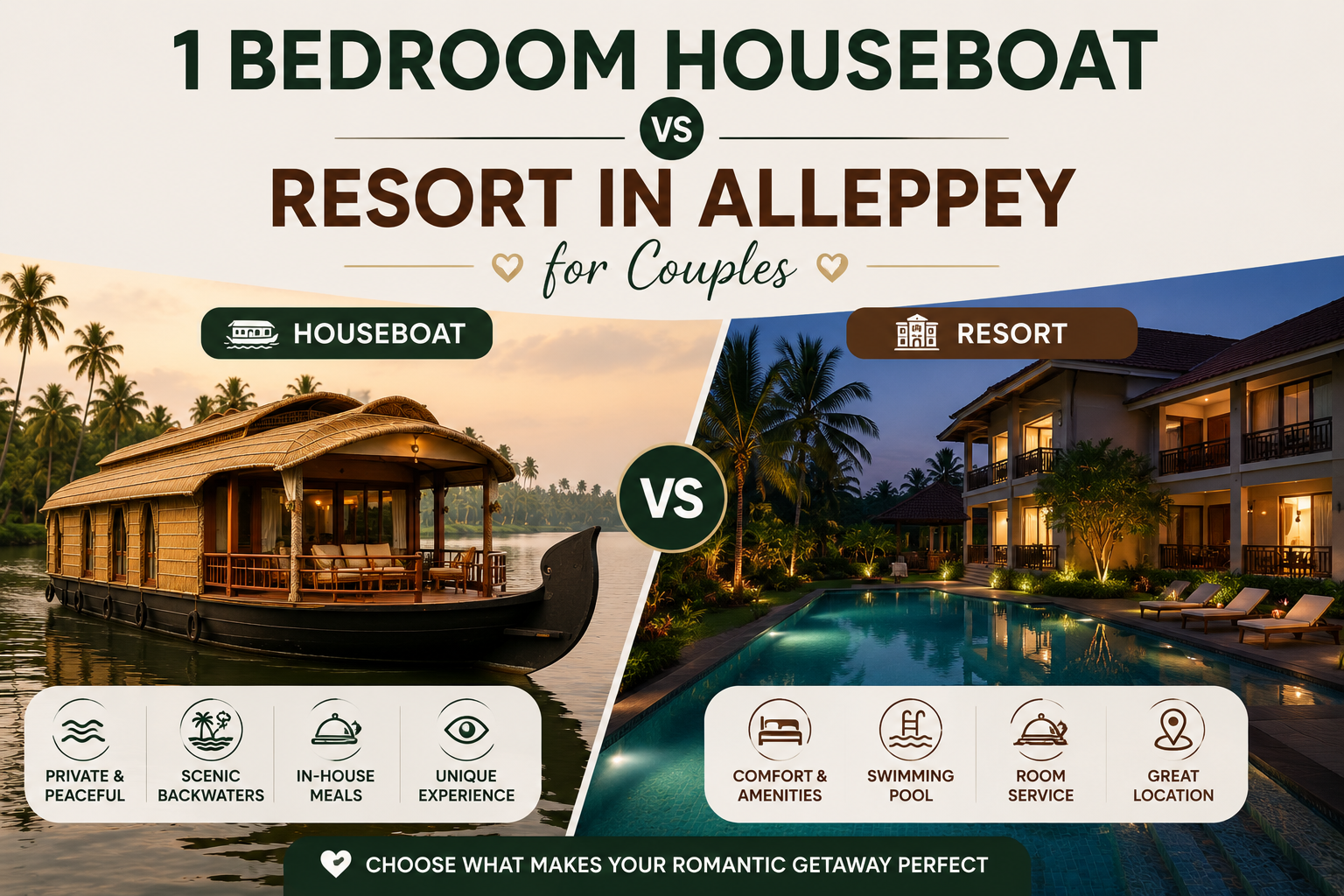 1 Bedroom Houseboat vs Resort in Alleppey for Couples
