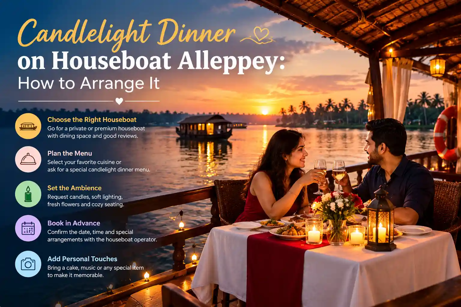candlelight dinner on houseboat Alleppey